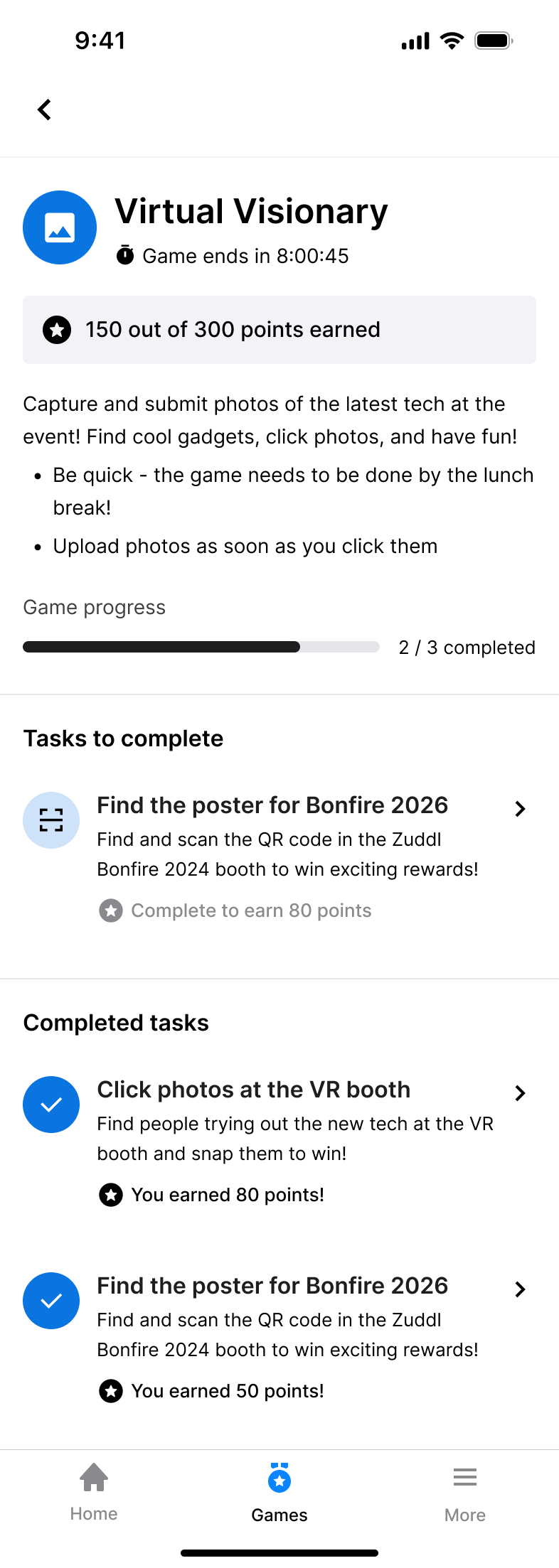 Attendee game progress showing two of three tasks complete, the next QR task and points earned from completed tasks