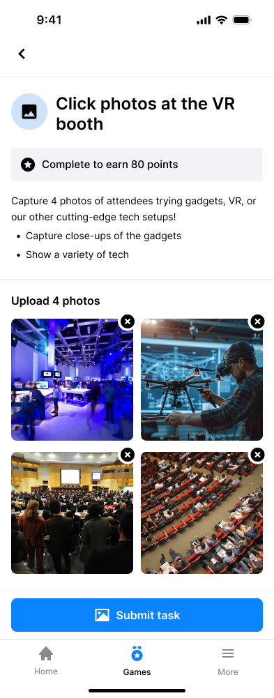 Attendee photo task showing requirements, 80 points, four uploaded photos and the Submit task button