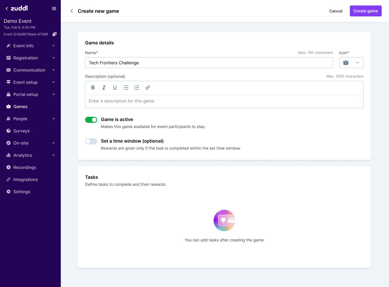 Organizer creating a game before adding tasks