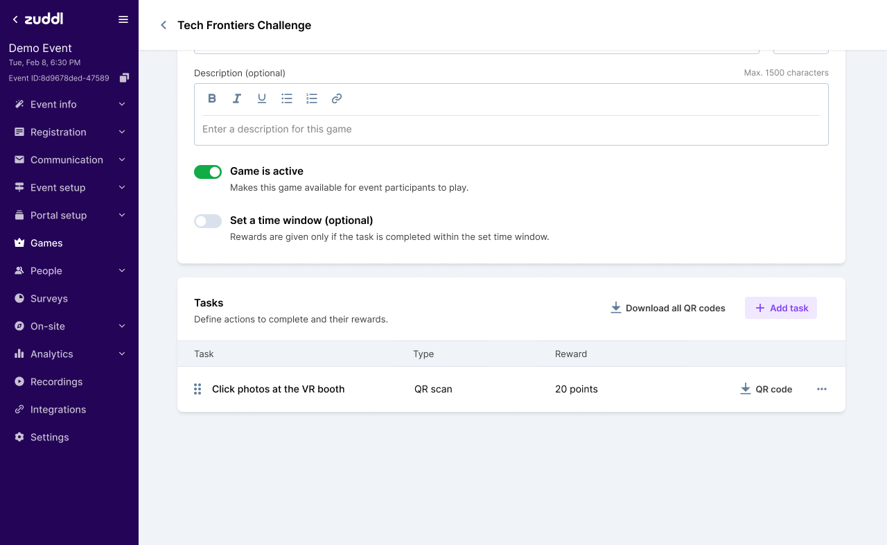 Organizer managing a game with a configured QR task
