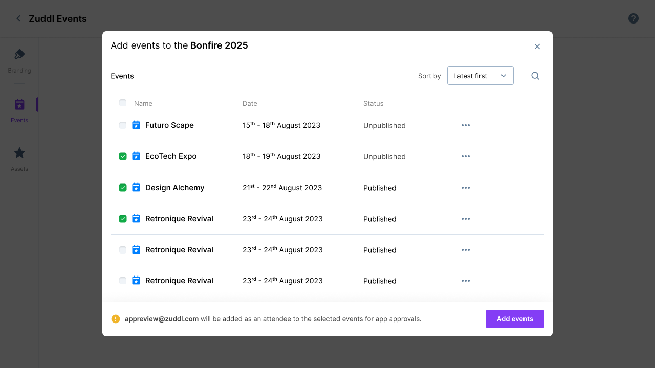 Add events modal with multi-select and reviewer account note