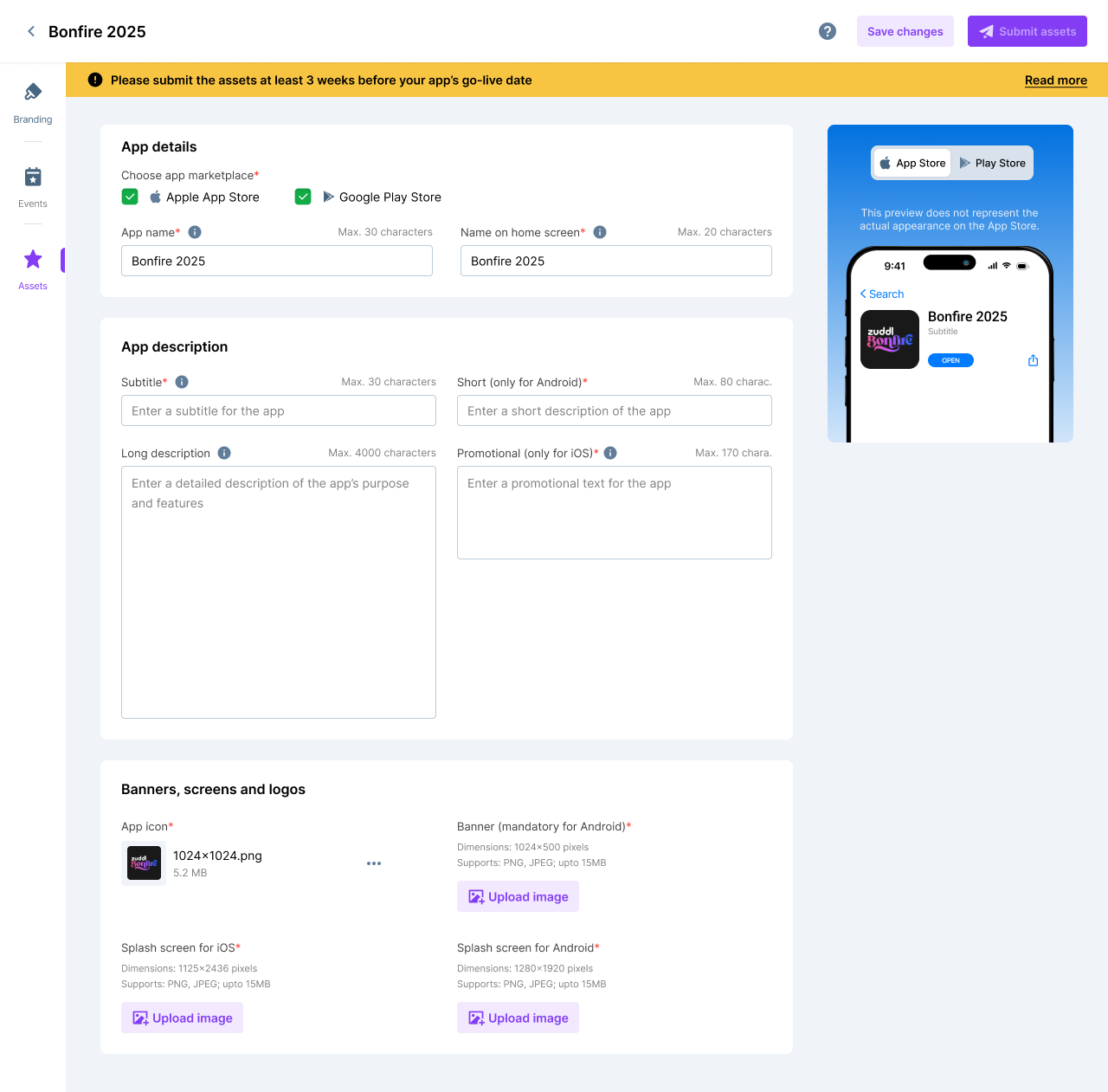 Assets tab with store submission details