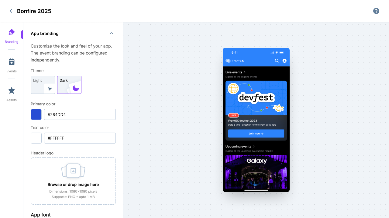 App branding tab with theme, colours, header logo, font and mobile preview