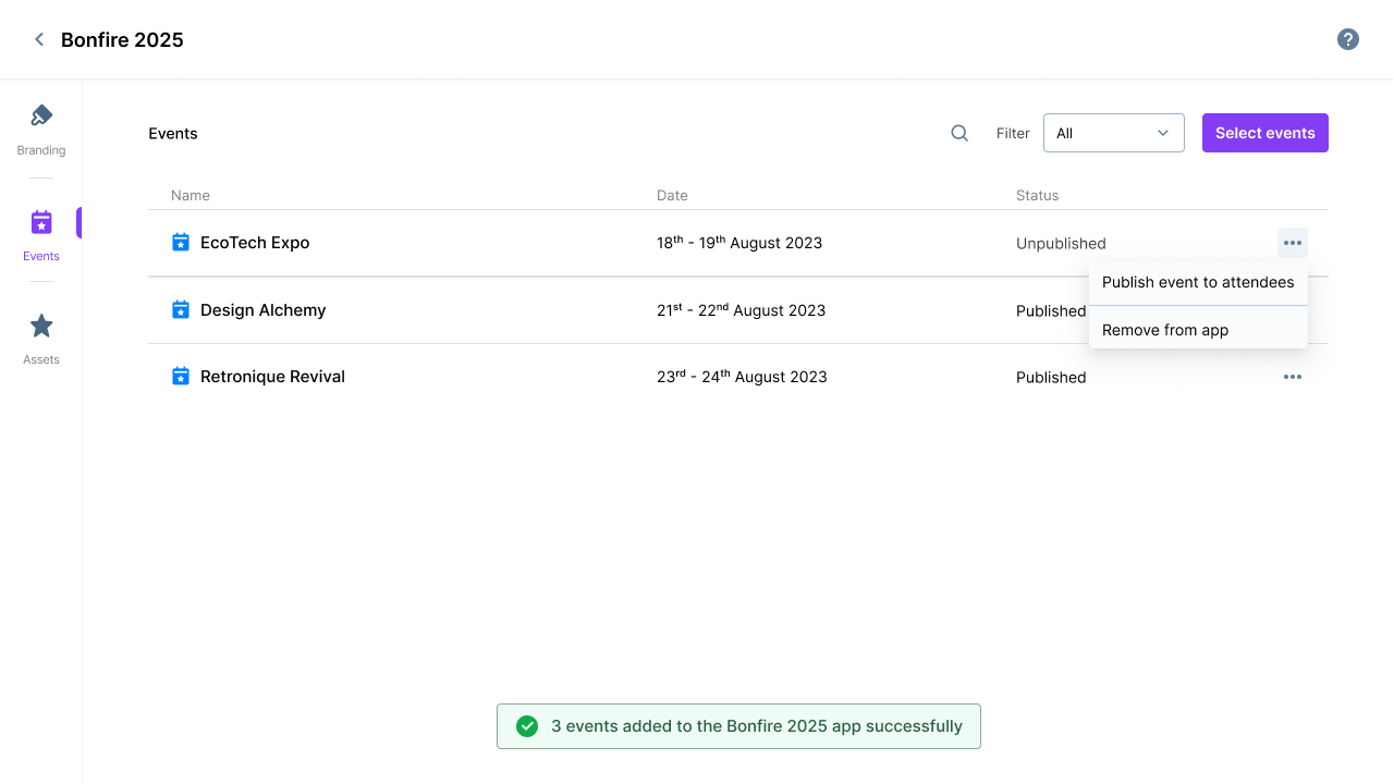 App event list showing selected events and status