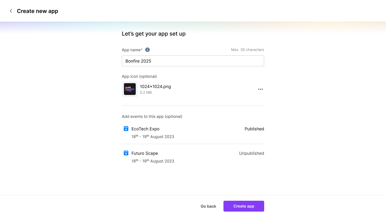 Create app flow with name, optional icon and optional events