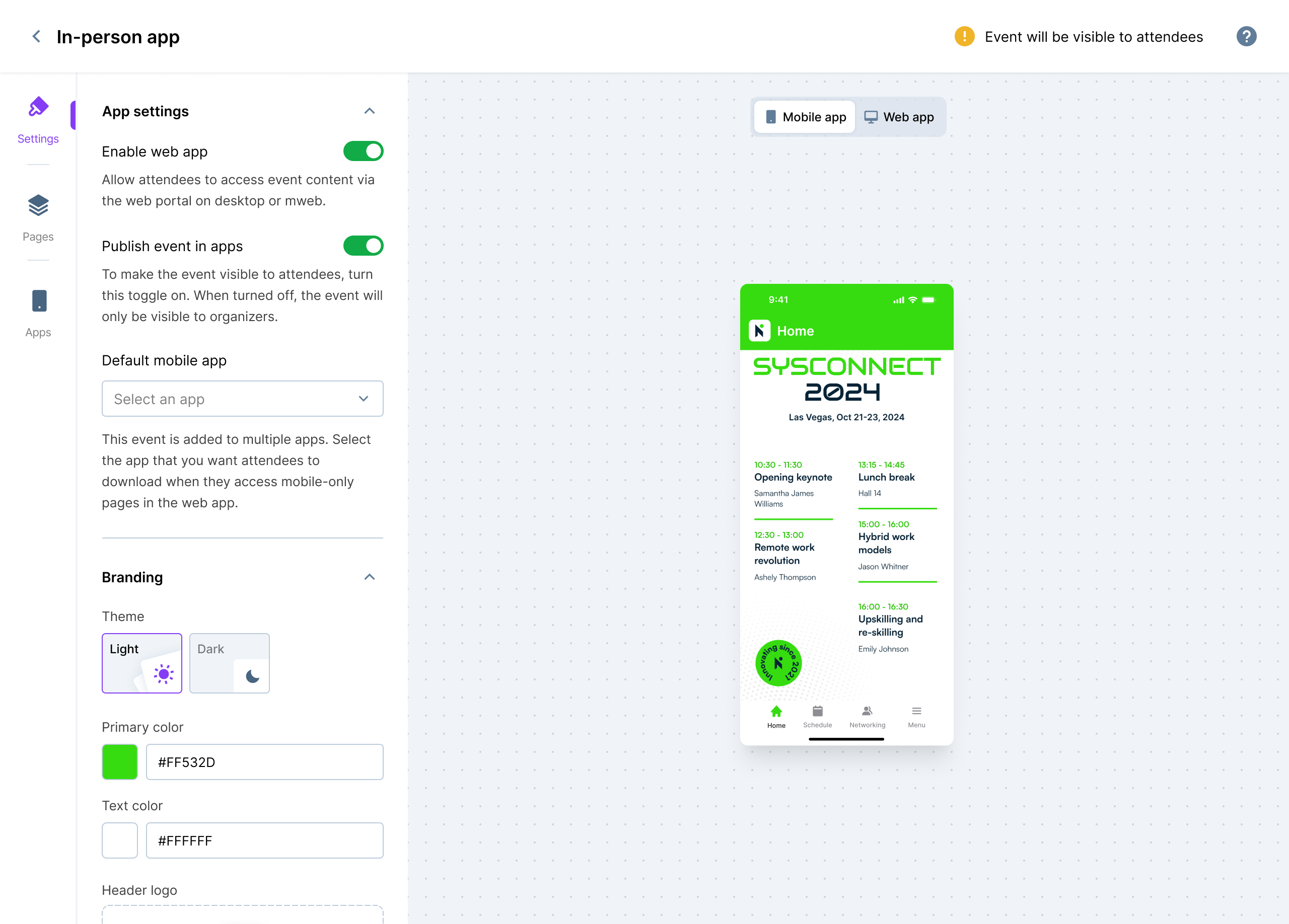 In-person app settings showing event publishing, default mobile app selection and the mobile app preview
