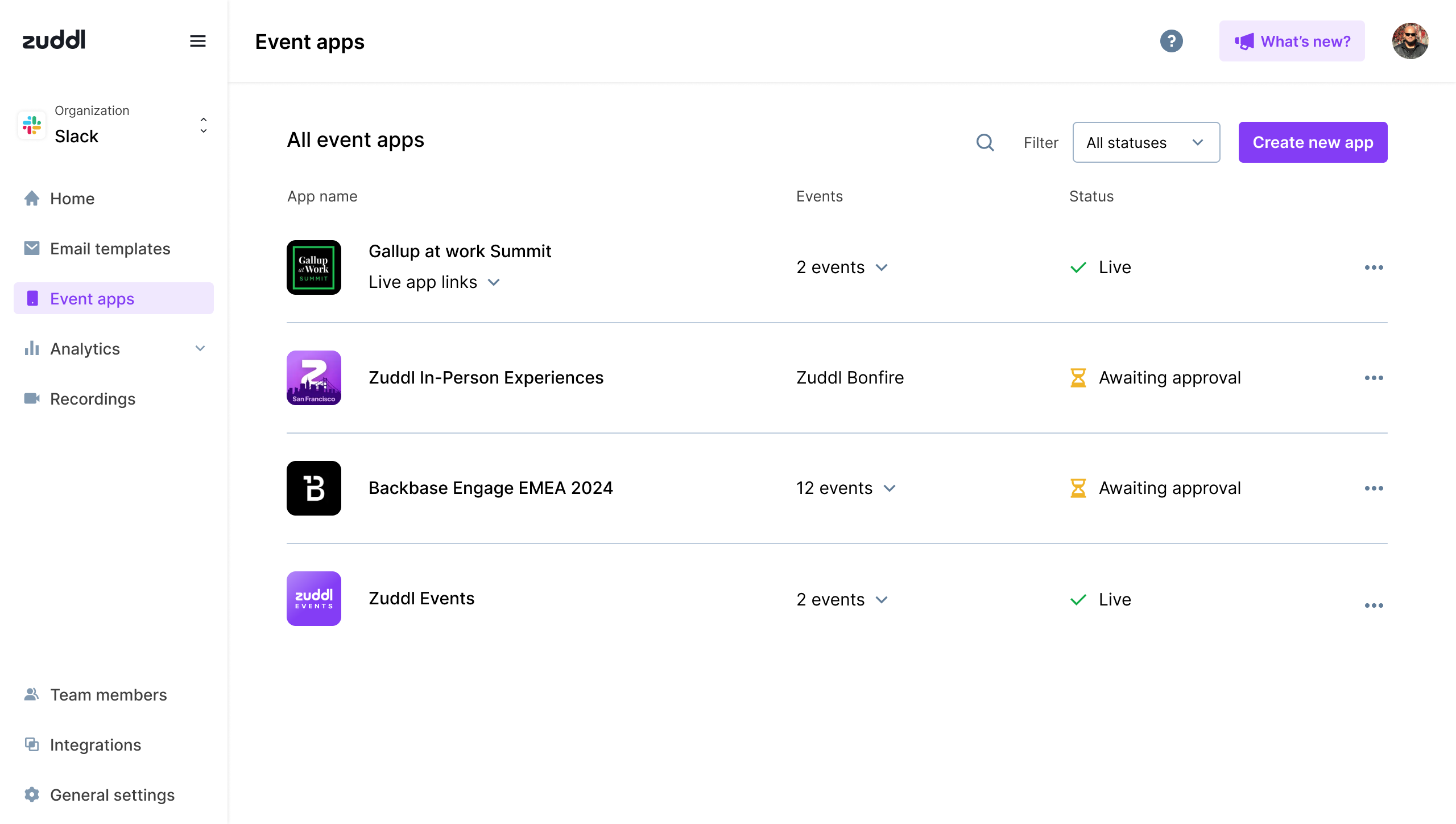 Shared organization event apps with linked event counts and statuses
